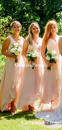 Pink V-neck Chiffon A-line Long Cheap Bridesmaid Dresses, BDS0088