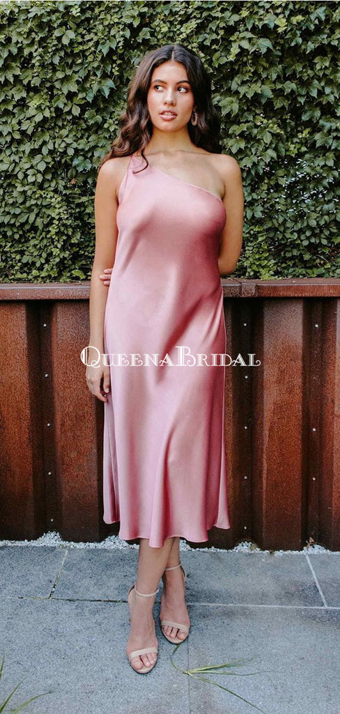 Simple One Shoulder Pink Elastic Silk Long Cheap Bridesmaid Dresses, BDS0125