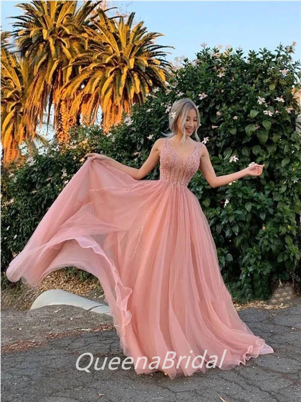 Cute Pink A-line Straps V-neck Cheap Maxi Long Evening Prom Dresses, WGP255