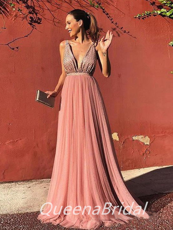 Simple Pink A-line V-neck Cheap Maxi Long Evening Prom Dresses, WGP261