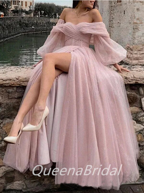 Gorgeous Pink A-Line High Slit Cheap Maxi Long Prom Dresses,WGP268