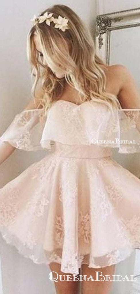 A-Line Off-Shoulder Short Blush Pink Lace Cheap Homecoming Dresses Online, QB0044