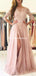 Sexy Split Blush Pink Long Sleeve Lace Evening Prom Dresses, Sexy Party Prom Dresses, PDS0080