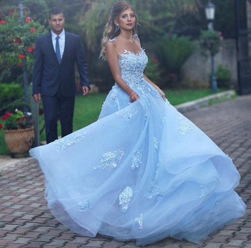 Baby Blue Illusion Neck Long Cheap Tulle Prom Dresses With Applique, Q QueenaBridal Baby Blue Illusion Neck Long Cheap Tulle Prom Dresses With Applique, Q QueenaBridal