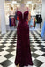 Charming Mermaid Spaghetti Straps Cross Back Split Velvet Burgundy Long Prom Dresses, QB0601