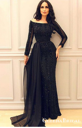 Sexy Black Long Sleeve 2019 Mermaid Sequins Long Cheap Prom Dresses, QB0798