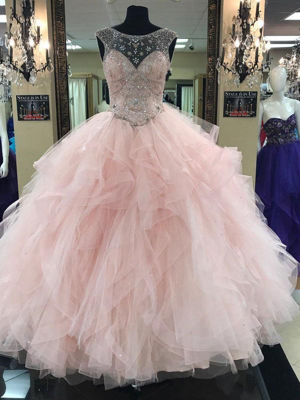 Prom Ball Gown See Through Neck Tulle Light Pink Quinceanera Prom Dres QueenaBridal Prom Ball Gown See Through Neck Tulle Light Pink Quinceanera Prom Dres QueenaBridal