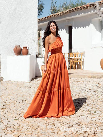 Hot Selling One Shoulder Sleeveless Organe Satin Chiffon Long Cheap Aline Summer Evening Prom Dresses, QB0962