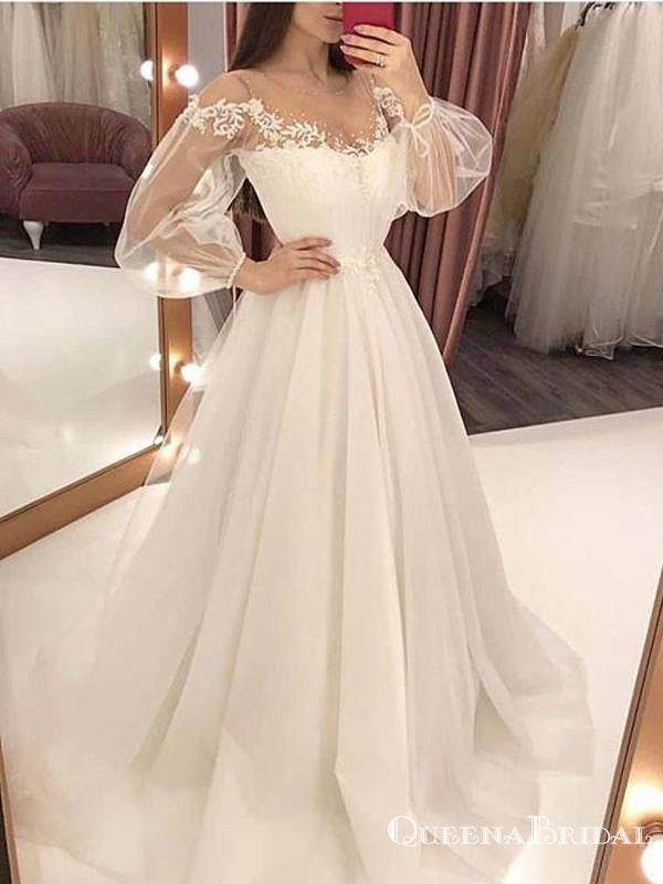 Ball Gown New Arrival V-neck Long Sleeves Ivory Tulle Princess Long Cheap Evening Prom Dresses, QB0973