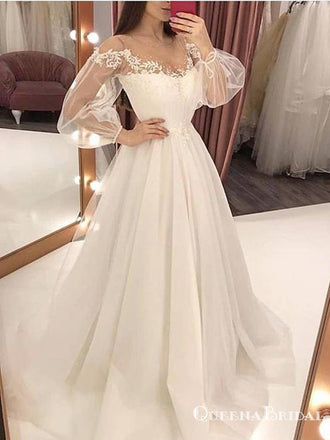 Ball Gown New Arrival V-neck Long Sleeves Ivory Tulle Princess Long Cheap Evening Prom Dresses, QB0973