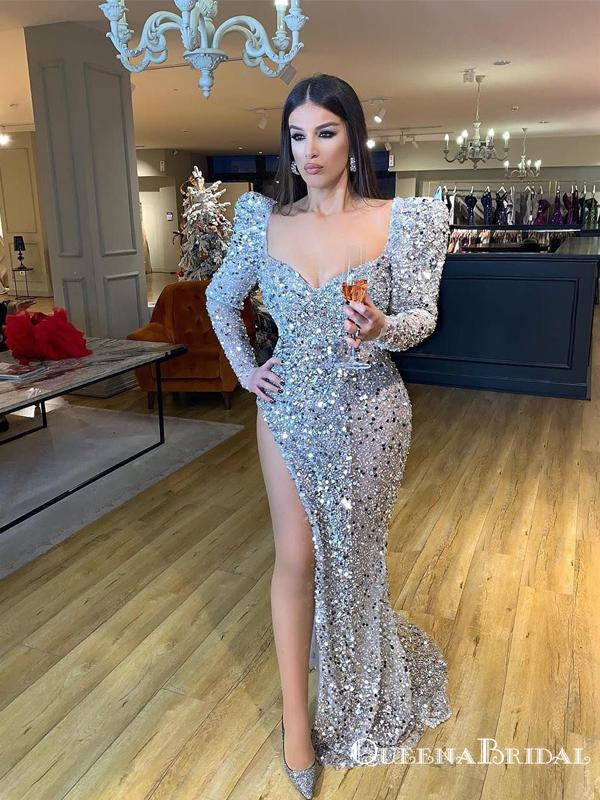 Sexy New Arrival Sweetheart Long Sleeves Silver Sequin High Side Slit QueenaBridal Sexy New Arrival Sweetheart Long Sleeves Silver Sequin High Side Slit QueenaBridal