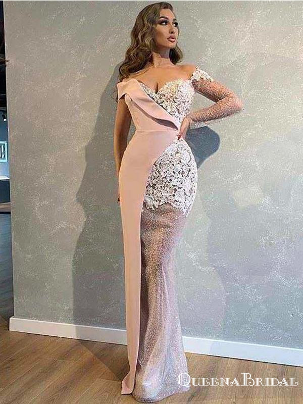Unique Design Simple One Shoulder Long Sleeves Pink Long Cheap Mermaid – QueenaBridal
