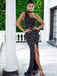 New Arrival Black Sparkly Sequin One Shoulder High Neck Front Slit Long Cheap Evening Prom Dresses, QB0966
