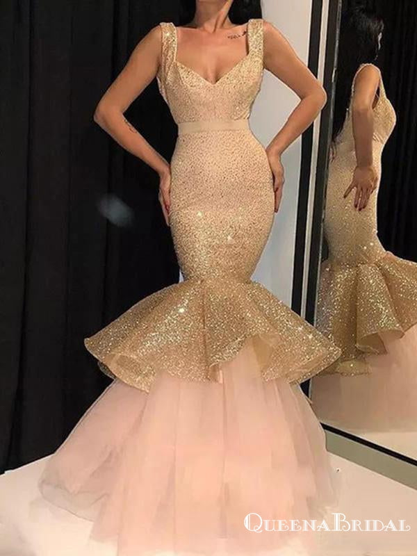 Charming New Arrival Square Neckline Sleeveless Sparkly Champagne Sequin Mermaid Long Cheap Prom Dresses, PDS0029