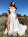 Off-The-Shoulder Simple White Satin Side Slit A-line Long Cheap Formal Evening Party Prom Dresses, PDS0039
