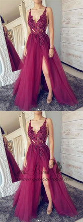 Grape Tulle Sexy Backless V Neck See Through Long Evening Prom Dresses, QB0392