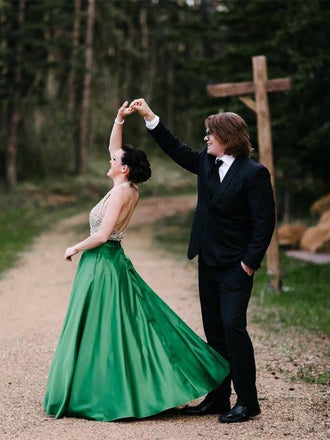 Halter Beaded Green Skirt A-line Long Evening Prom Dresses, QB0445