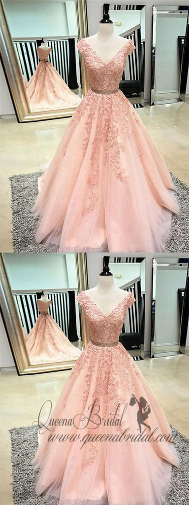 Pink V-neck Cap Sleeves Peach Lace A-line Long Evening Prom Dresses, QB0394