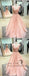 Pink V-neck Cap Sleeves Peach Lace A-line Long Evening Prom Dresses, QB0394