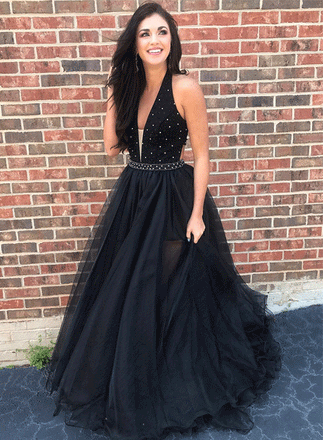V Neck A line Black Rhinestone Tulle Cheap Evening Prom Dresses, QB0447