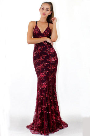 Sexy Maroon Straps Mermaid Sequin Cheap Evening Prom Dresses, QB0361