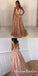 A-Line Deep V-Neck Long Cheap Champagne Lace Prom Dresses with Beading, QB0681
