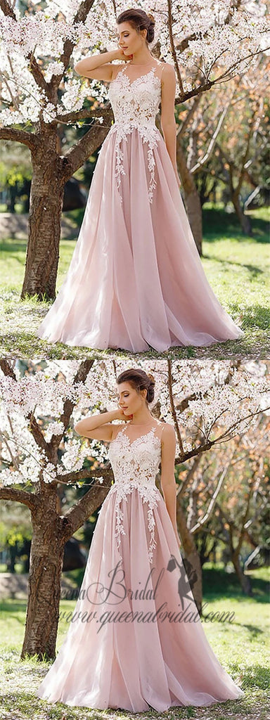 Jewel Neck A-line Lace Applique Pink Evening Prom Dresses, QB0455