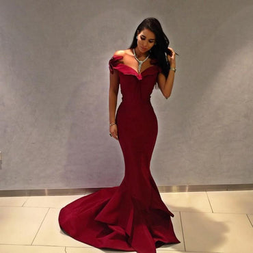 Simple Off Shoulder Simple Maroon Long Evening Prom Dresses, QB0454