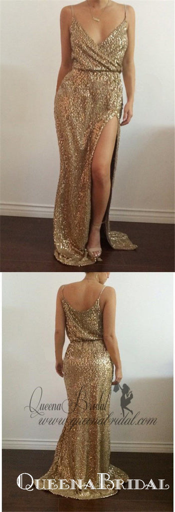 2021 Gold Sparkly Side Slit Long Sexy Evening Prom Dresses, QB0441