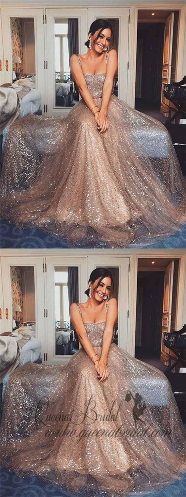 2019 Sparkly Gold Sequin Square Modest Cheap Evening Prom Dresses, QB0401