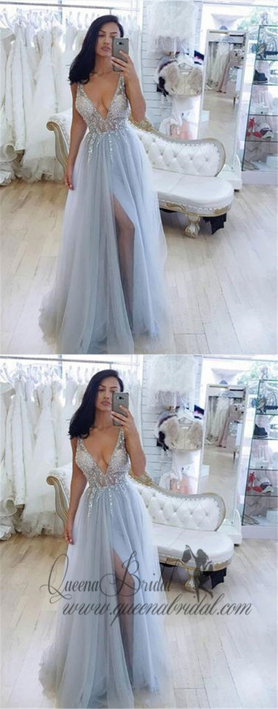 Deep V-Neck Beaded Sky Blue Tulle Formal Prom Dresses With Side Slit, QB0463