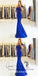 Mermaid One Shoulder Floor-Length Royal Blue Satin Prom Dresses with Ruffles, QB0254