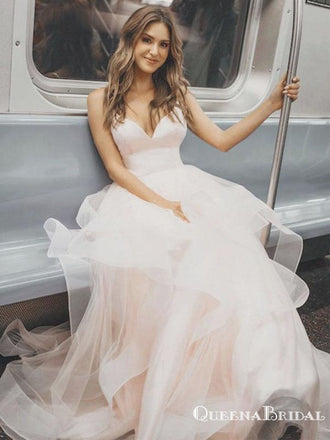 Elegant Spagnetti Straps Sleeveless V-neck Pink Organza A-line Long Cheap Formal Prom Dresses, PDS0034