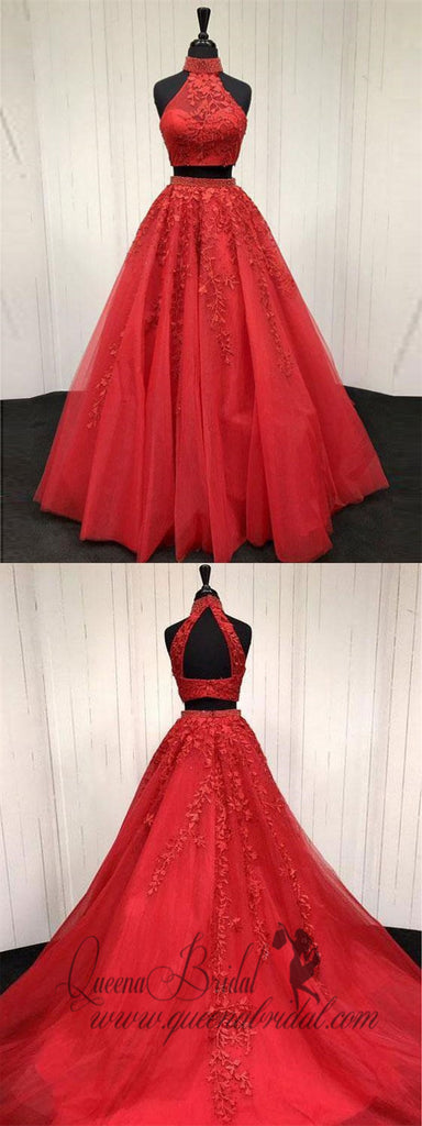 Lace Appliqued Two Piece  Long Cheap Halter Ball Gowns Prom Dresses, QB0258