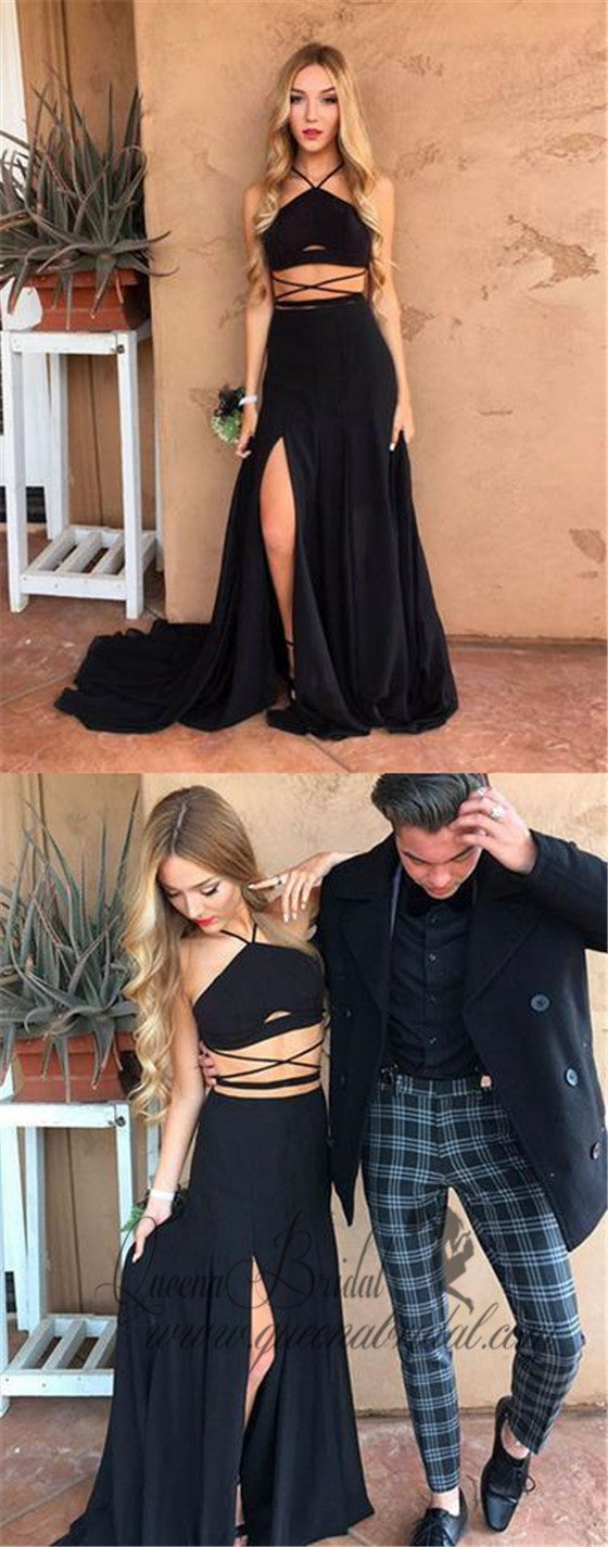 Sexy Black Two Pieces Side Slit Long Cheap Prom Dresses, QB0479 QueenaBridal Sexy Black Two Pieces Side Slit Long Cheap Prom Dresses, QB0479 QueenaBridal