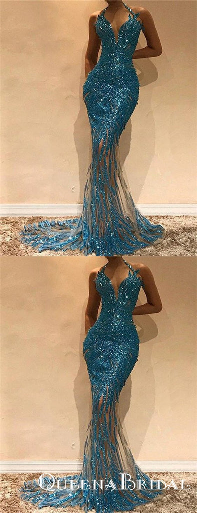 Sexy Halter Long Cheap Mermaid Evening Party Prom Dresses With Applique, QB0757