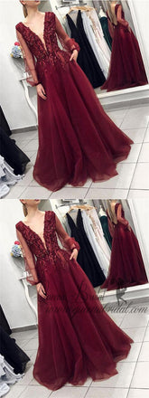 Sexy Backless Long Sleeves Burgundy Lace Long Evening Prom Dresses, QB0398