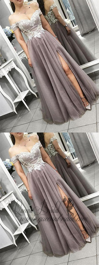 Off Shoulder Lace Grey Cheap Long Evening Prom Dresses, QB0363