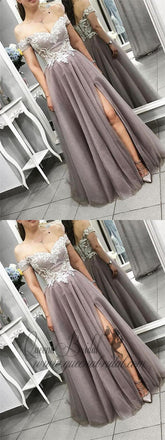 Off Shoulder Lace Grey Cheap Long Evening Prom Dresses, QB0363