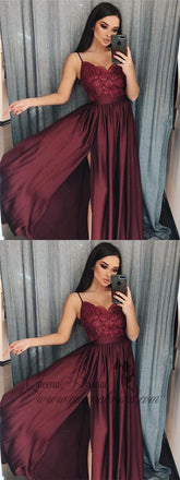Maroon Spaghetti Straps Side Slit Long Evening Prom Dresses, QB0415