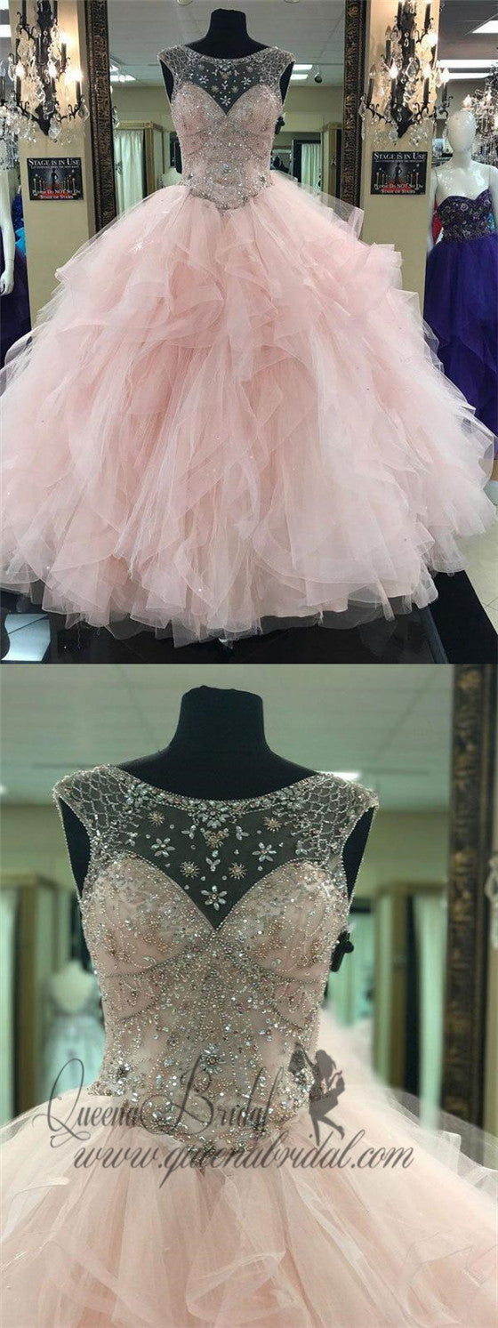 Prom Ball Gown See Through Neck Tulle Light Pink Quinceanera Prom Dres QueenaBridal Prom Ball Gown See Through Neck Tulle Light Pink Quinceanera Prom Dres QueenaBridal