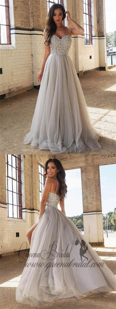 A-line/Princess Sweetheart Neck Silver Tulle Long Prom Dresses, QB0344