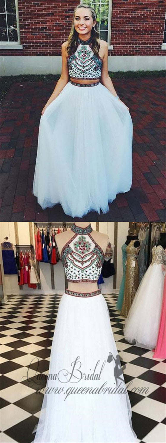 Two Piece Halter Embroidered Boho Prom Dresses White A Line Long Forma QueenaBridal Two Piece Halter Embroidered Boho Prom Dresses White A Line Long Forma QueenaBridal