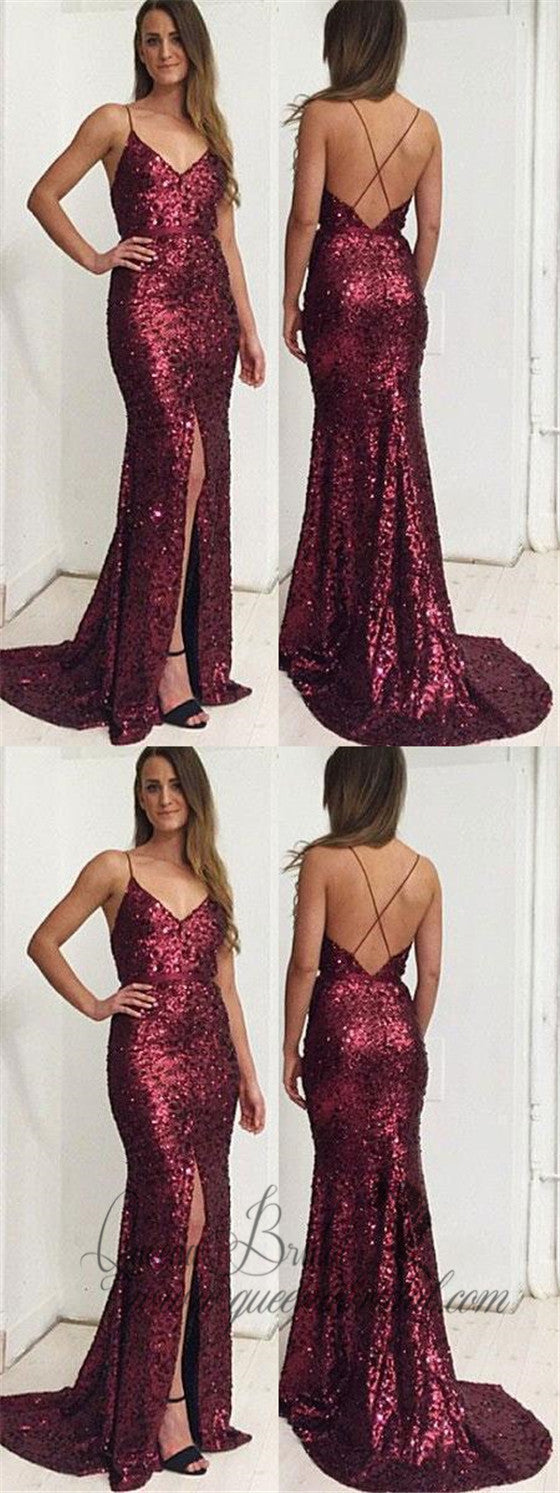 Gold Mermaid Prom Dresses with Slit Backless Formal Dresses, QB0342 QueenaBridal Gold Mermaid Prom Dresses with Slit Backless Formal Dresses, QB0342 QueenaBridal