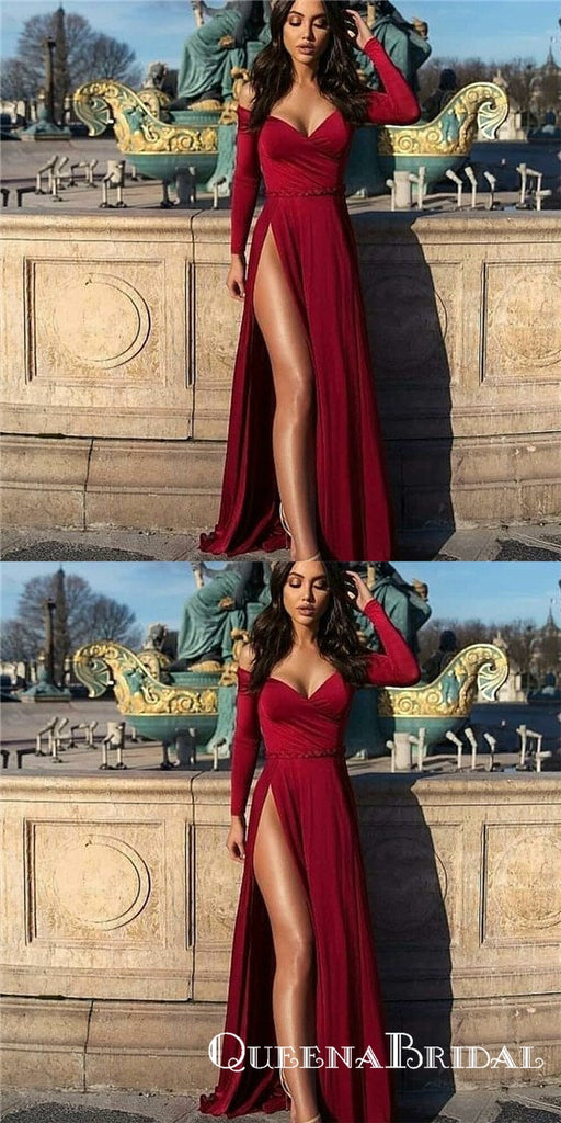 Sexy Off-Shoulder Long Sleeves Long Burgundy Prom Dresses with Split, QB0505