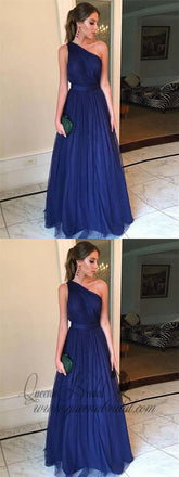 Simple Charming One Shoulder Navy Tulle Long Evening Prom Dresses, QB0412