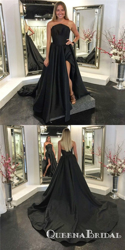 A-Line Strapless Long Cheap Black Satin Prom Dresses with Split, QB0542