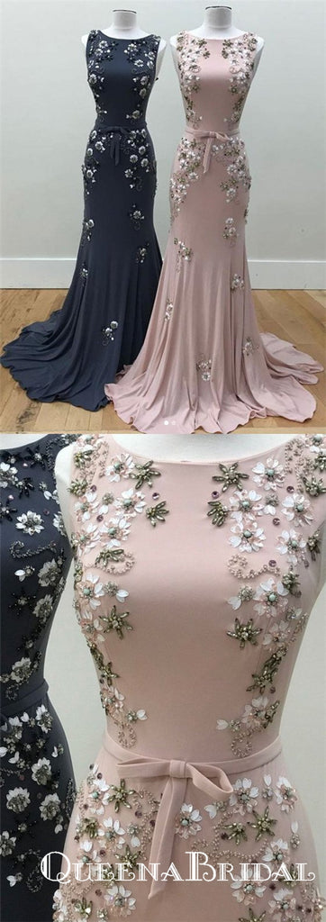 Sheath Jewel  Beautiful Pink Long Prom Dresses With Applique&Beaded, QB0783