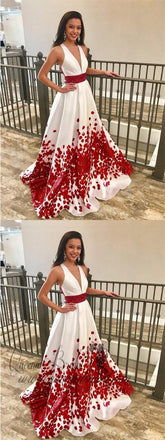 Red Beaded Floal Printed Long Prom Dresses with Deep V-Neck Formal Dress Plus Size, QB0339