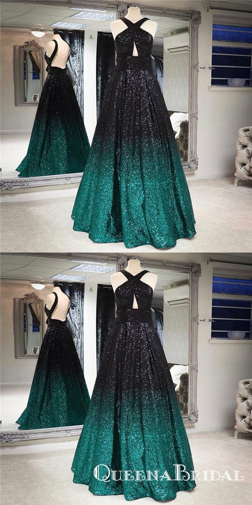 Sparkly A-Line Cross Neck Backless Long Ombre Sequined Prom Dresses, QB0520
